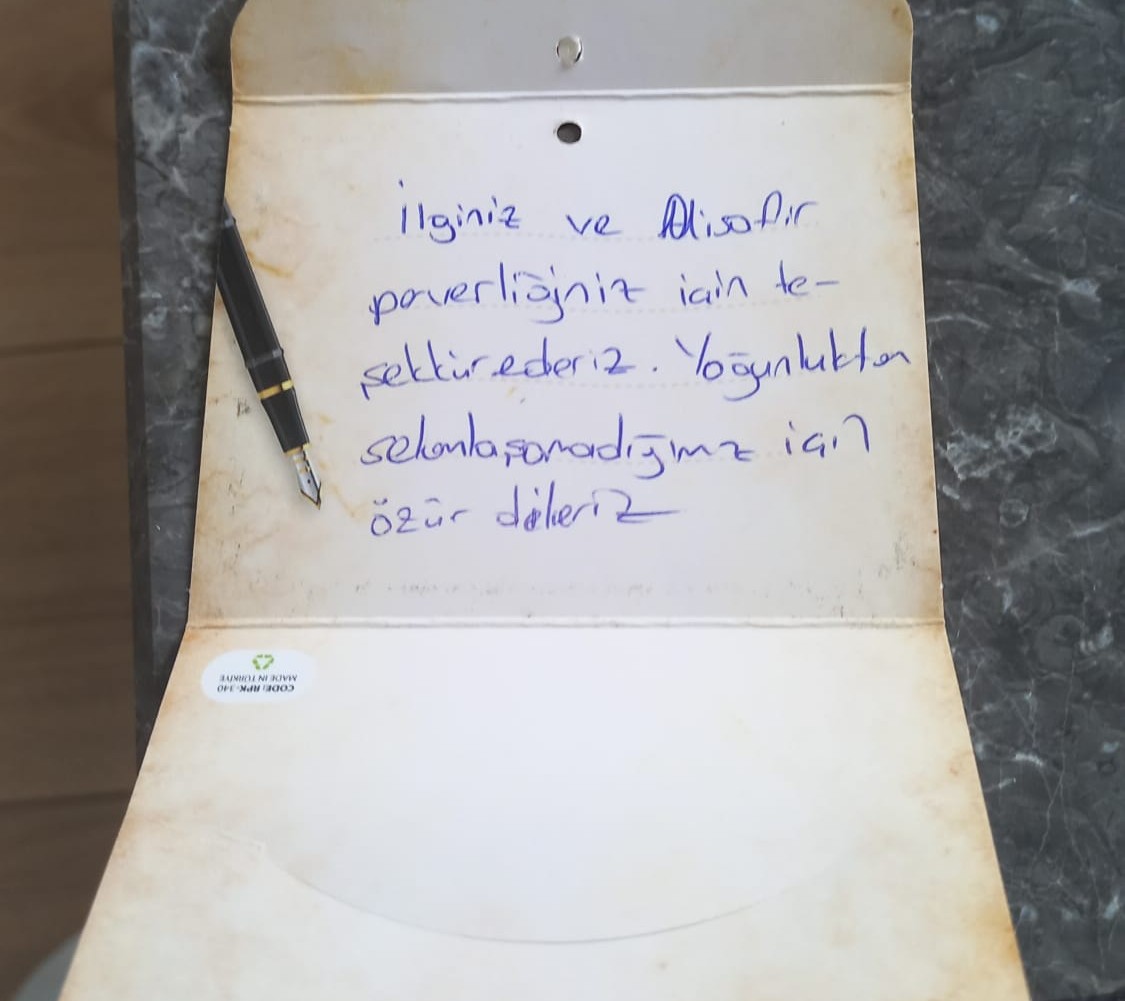 Ufuk Beydemir ADA Hotel teşekkür notu